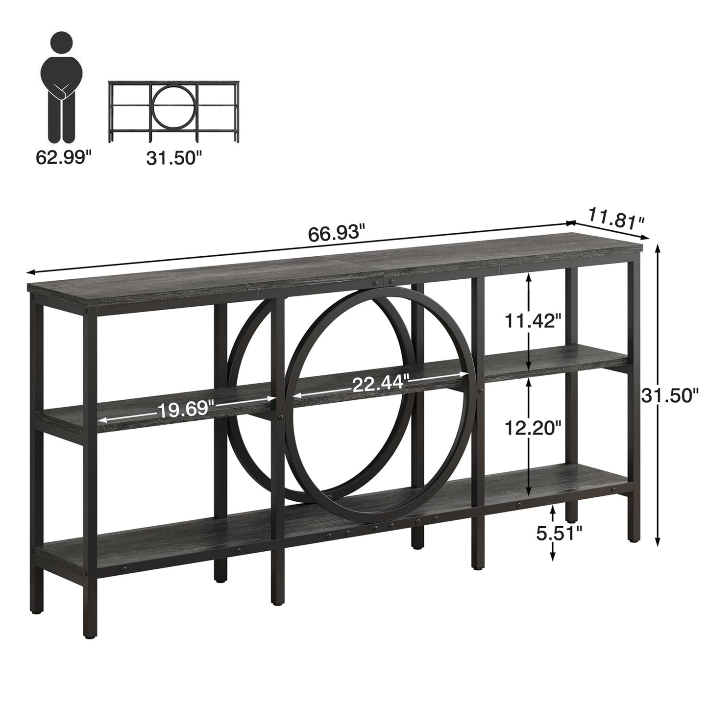 Tarnorci 66.9'' Console Table, 3-Tier TV Stand with Storage, Home Sofa Living Room Table Behind the Couch for Entryway (Grey Oak+Black)