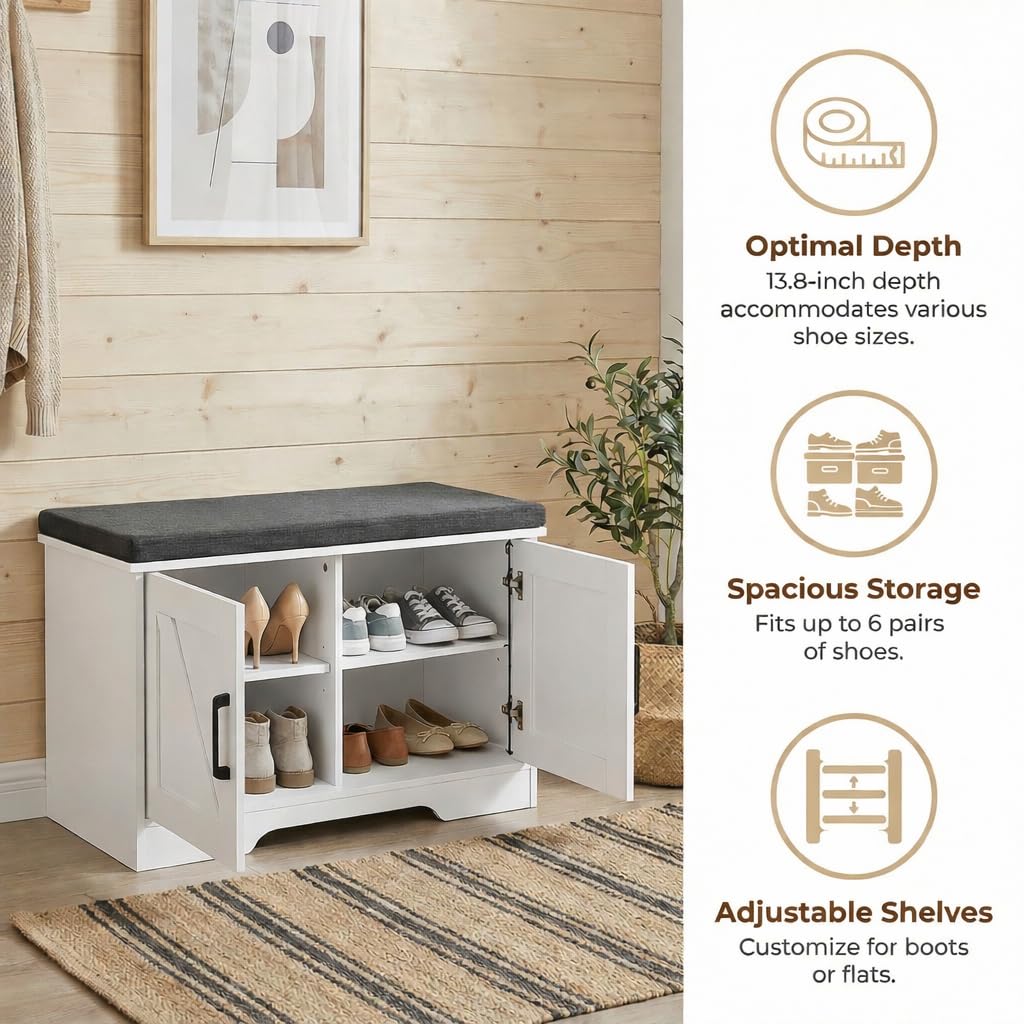 HOMSHO 2-Tier Storage Bench, 27.6" Wide Shoe Bench with Padded Seat Cushion, Entryway Bench with 2 Barn Doors and Adjustable Shelf, White