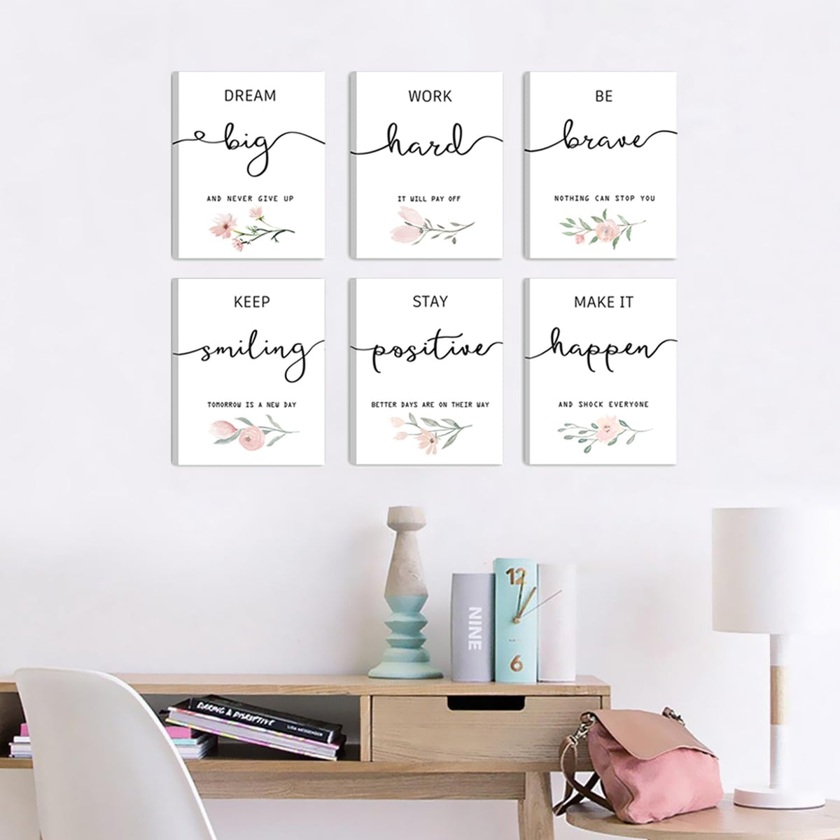 Inspirational Wall Art for Bedroom, Motivational Office Wall Art Decor, Framed Canvas Wall Art for Women, Girls, Positive Affirmations Quotes Prints, Set of 6PCS, 8"x10", FRAMED