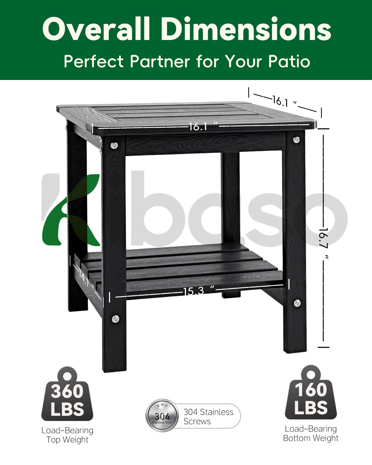 Kibaso-Adirondack Outdoor Side Table, 2-Tier HDPE Outdoor End Table, Weather Resistant Easy Maintenance, Small Patio Side Table for Patio, Pool, Porch, Garden, Lawn, and Living Room (1, Black)
