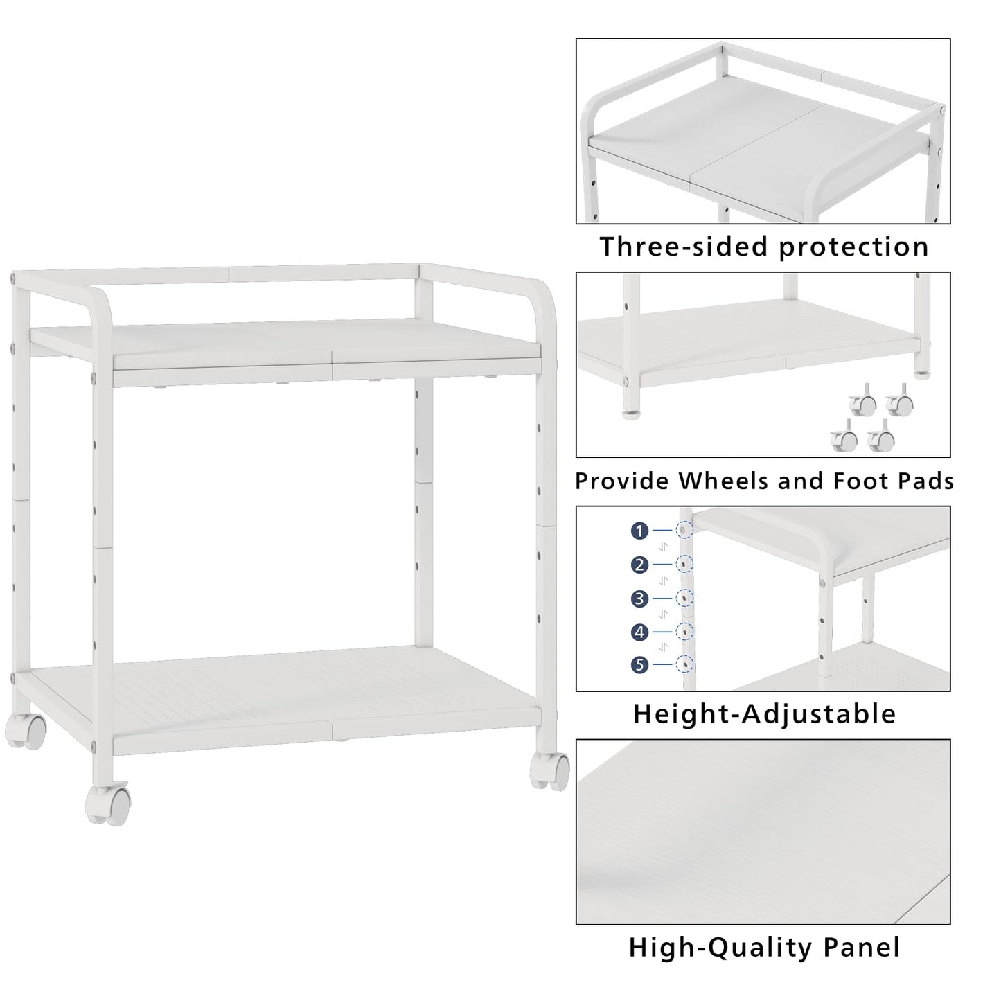Heakrit 21"x15.8" Large Printer Stand with Storage, 2-Tier Under Desk Printer Table, Rolling Printer Cart with Lockable Wheels for Home, Office (White)