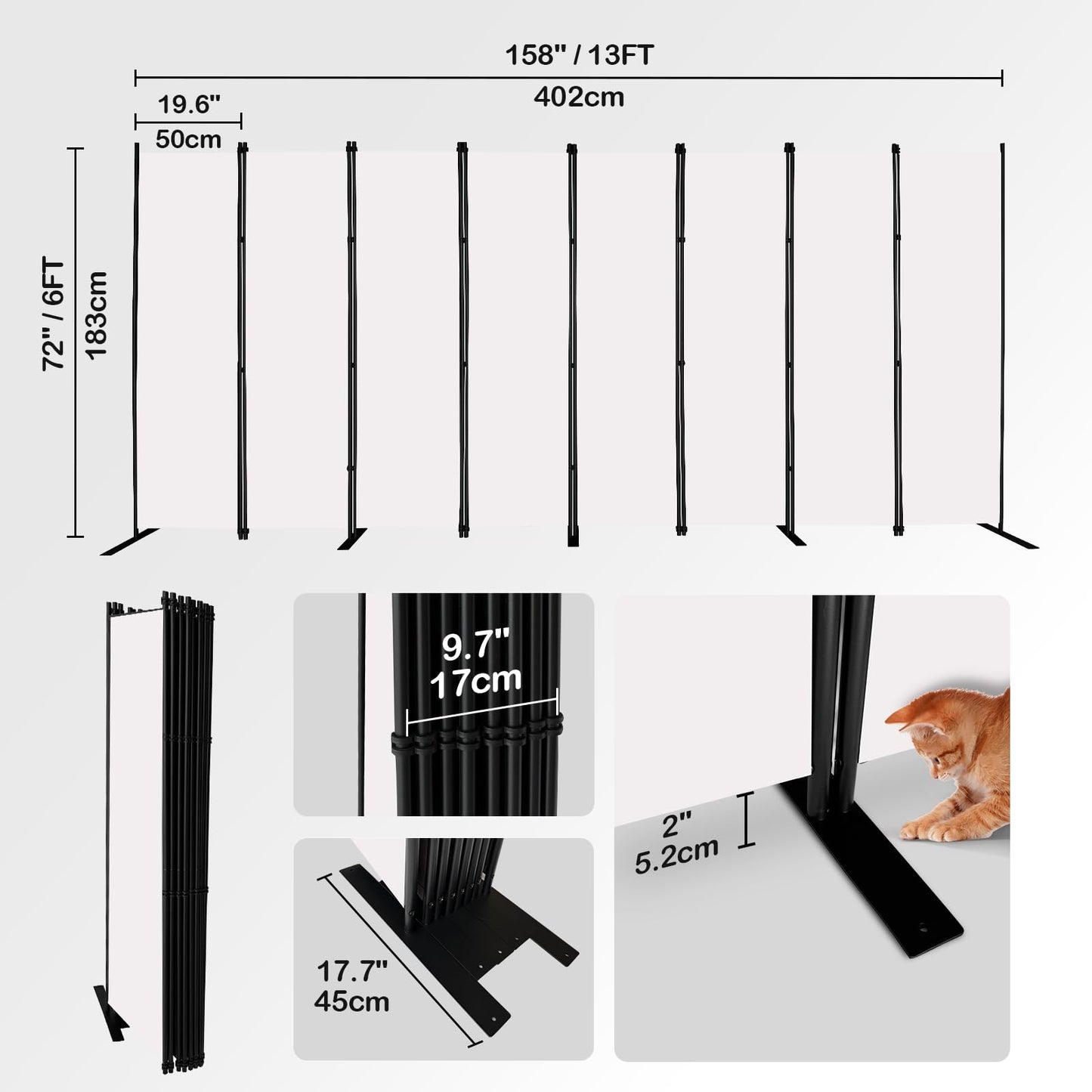 MAYOLIAH 8-Panel White Room Divider 6ft Tall Folding Privacy Screen Portable Office Partition Indoor Wall Separator 160" W X 72" H
