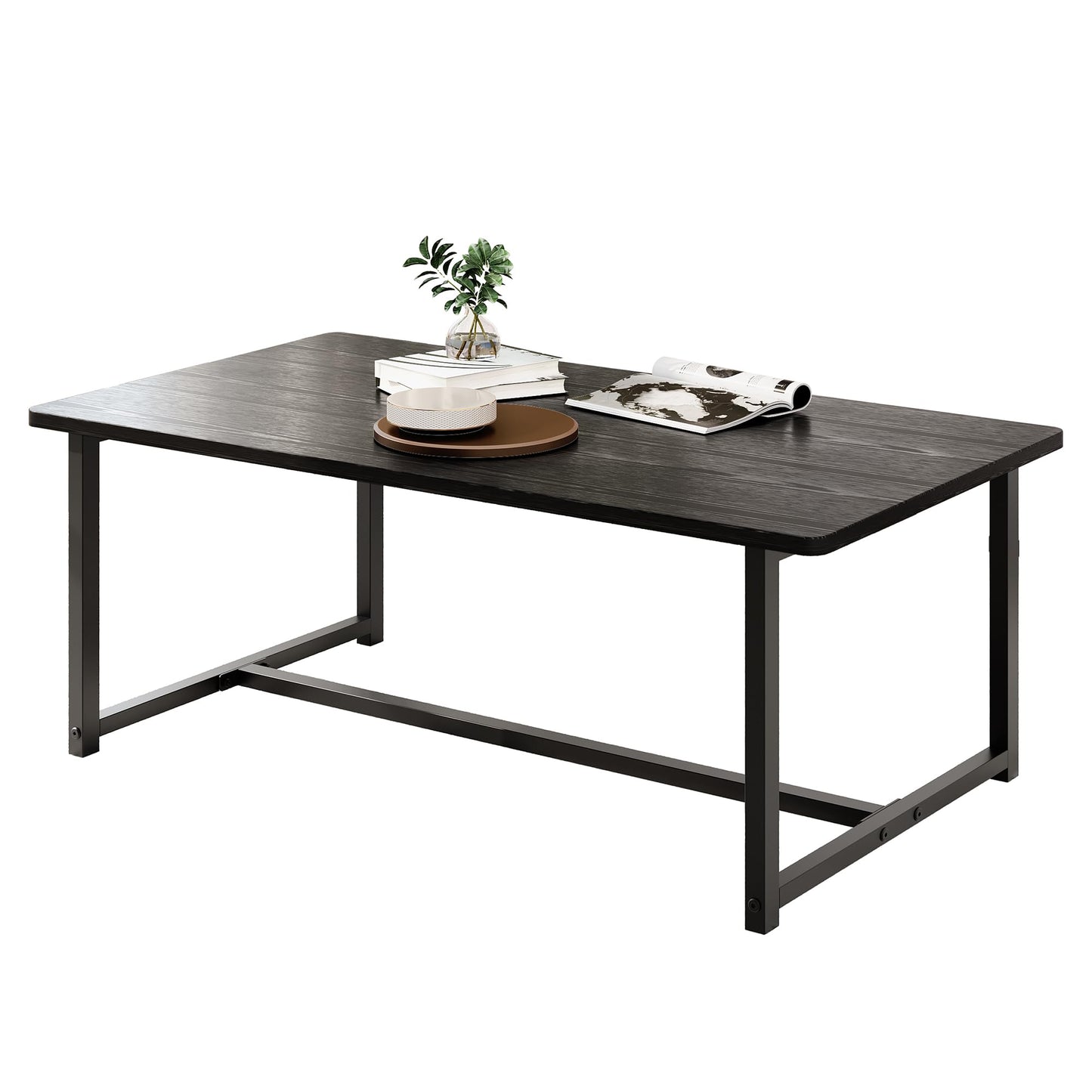 Coffee Table for Living Room, Modern Rectangular Center Coffee Tables for Small Space, Industrial Furniture, Sofa End Tables/Tea Table/Center Table, Couch Table with Metal Black Frame Black Top