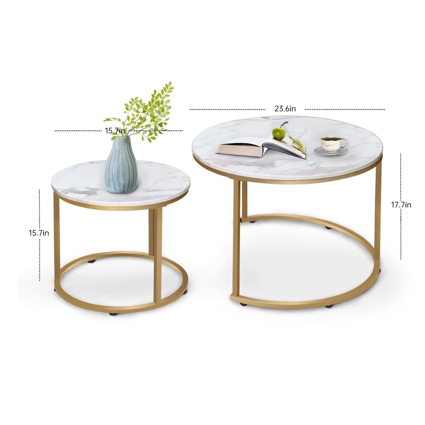 aboxoo Coffee Table Nesting White Set of 2 Side Set Golden Frame Circular Round and Marble Pattern Wooden Tables, Living Room Bedroom Apartment Modern Industrial Simple Nightstand