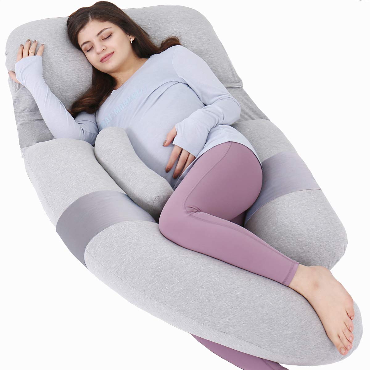 AS AWESLING 60in Full Body Pillow | Nursing, Maternity Pregnancy Body Pillow | Extra Large U Shape Pillow and Lounger with Detachable Side, Separate Support Pillow and Removable Cover (Grey-Jersey)