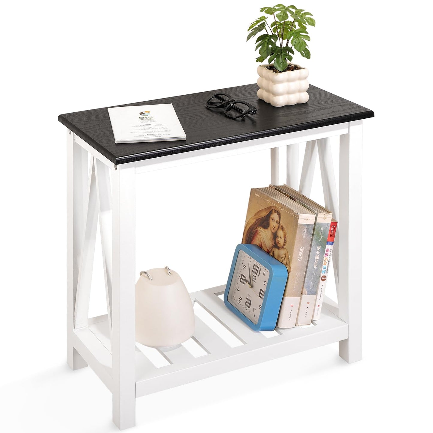 FEUFOAM Farmhouse End Side Table Wood Frame Narrow Side Table with Shelves Black White Rectangular Night Stand Sofa Table for Couch, Small Spaces, Living Room, Bedroom