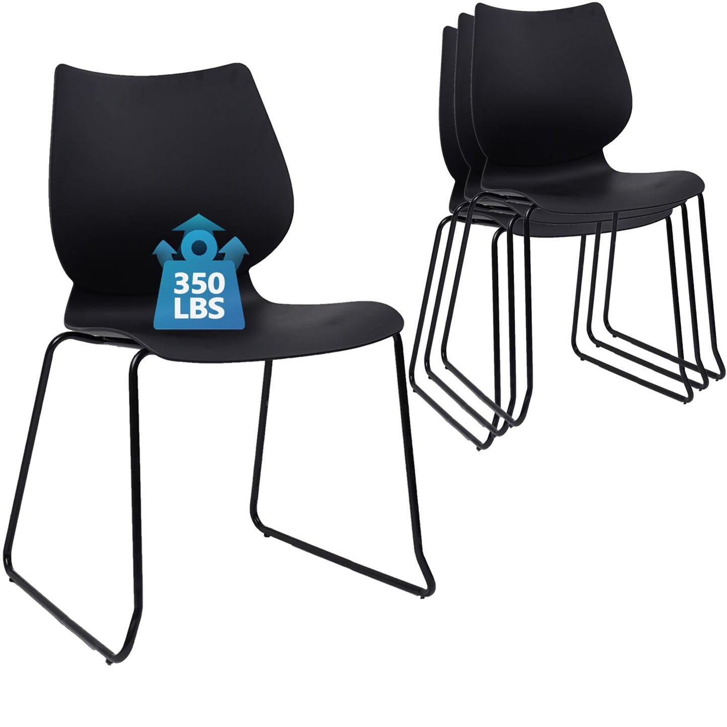 KLASIKA Stackable Waiting Room Chair, Stacking Office Chair with Ergonomic Lumbar Support and Metal Legs, Plastic Desk Chairs for Conference School Church Guest Reception Set of 4, Black