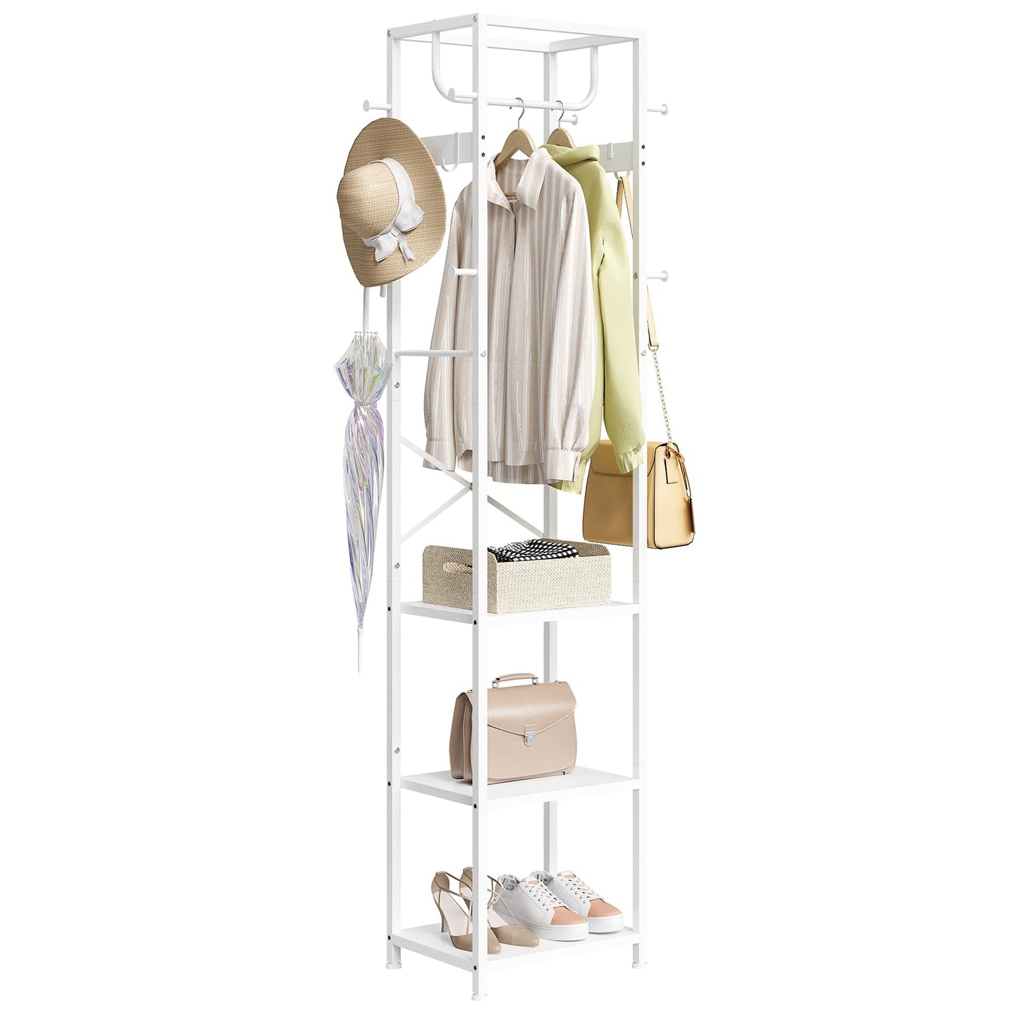 ELYKEN Coat Rack Freestanding, Hall Tree with 3 Storage Shelves and 12 Hooks, Industrial Clothes Rack Stand Organizer for Bedroom, Hallway, Entryway, Office, Living Room, White