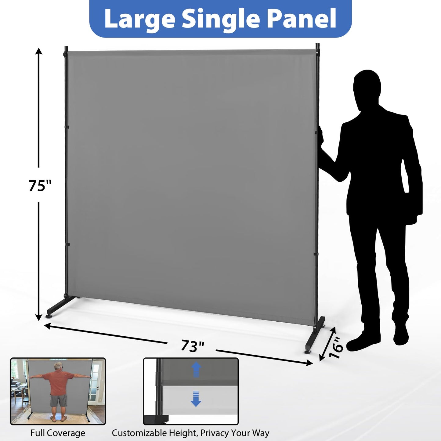 Room Divider, 73x75inch Large Privacy Screen with Adjustable Feet,Portable Single Panel Partition Wall for Room Separation,Room Separator with Thickened Fabric for Indoor Office,Bedroom,Outdoor Patio