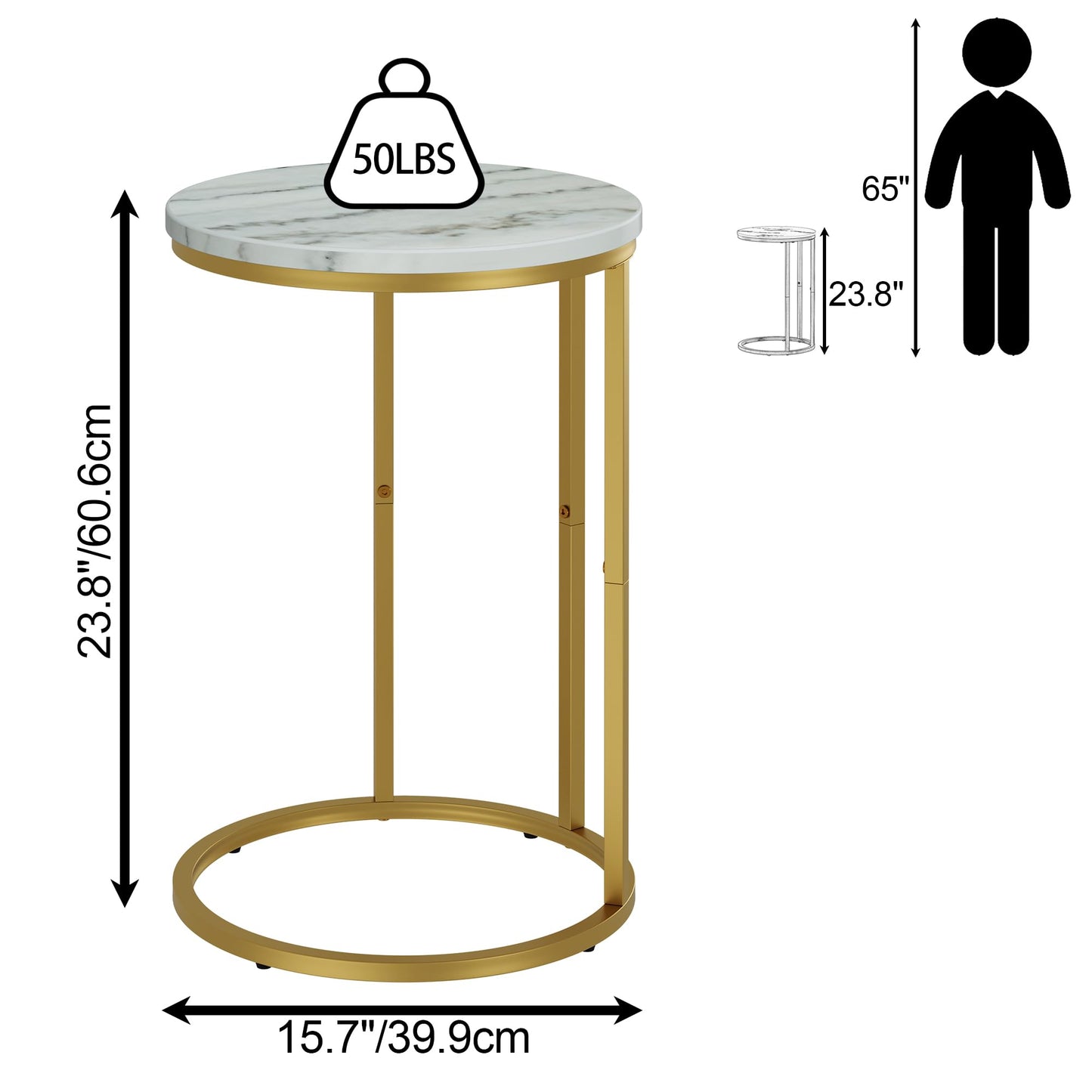Function Home C Table End Table, Marble C Shaped Sofa Side Table, Couch Tables that Slide Under, Snack Accent Table for Living Room Bedroom Small Space, Marble Top and Gold Metal Frame