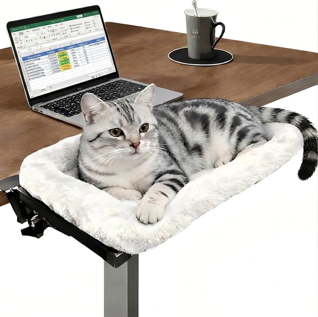 GREENSINDOOR Cat Desk Bed - One-Click Folding,Heavy Duty Cat Hammock Perch for Desk Holds up to 40 lbs, Soft Faux Rabbit Fur Material, Suitable for Various Desktops-Removable & Washable,21"x17", Gray