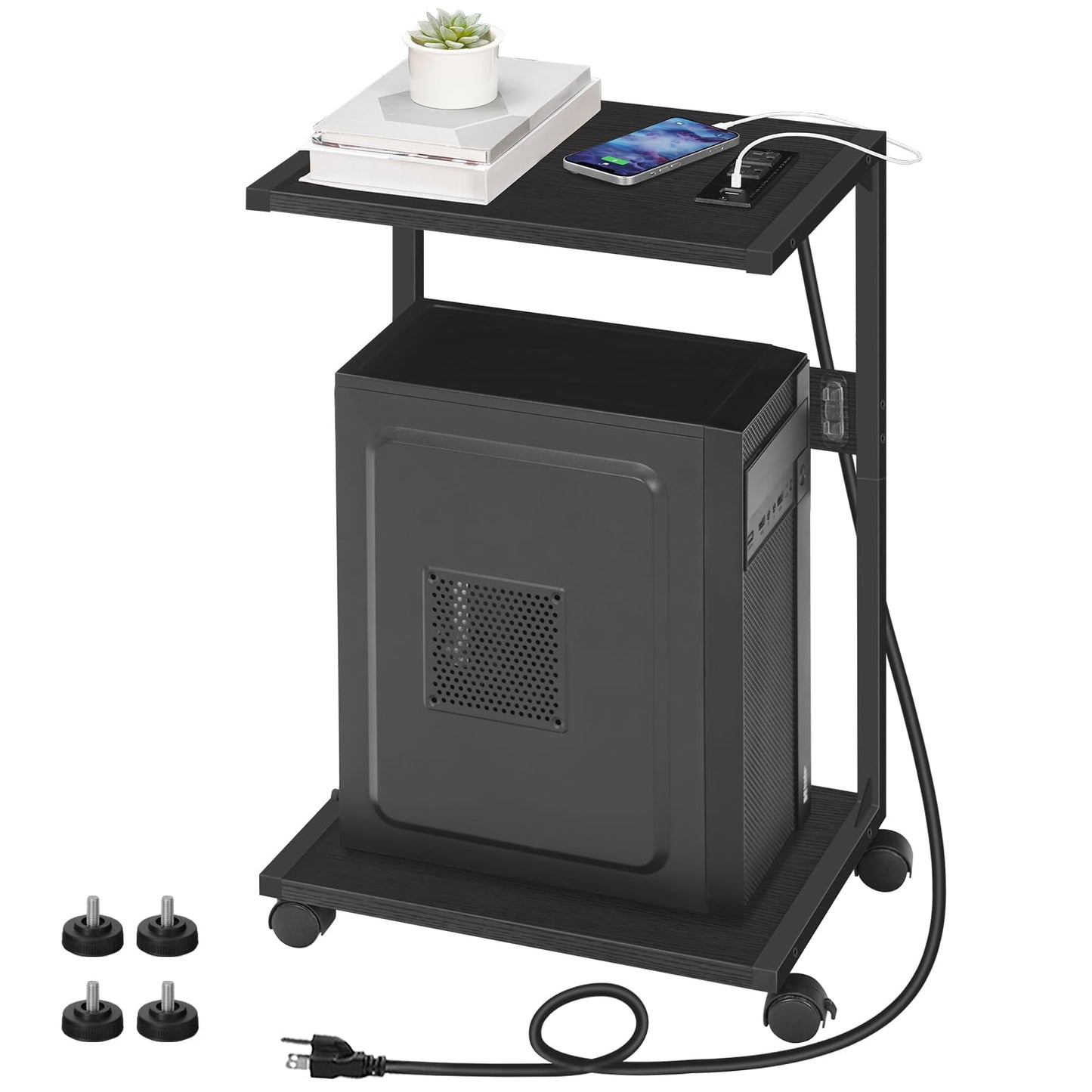 HOOBRO Computer Tower Stand, PC Stand with Charging Station, 2-Tier Under Desk CPU Holder with Lockable Wheels, PC Floor Cart Fits Most Computer Towers, for Home Office, Black BB01UCJ01G1