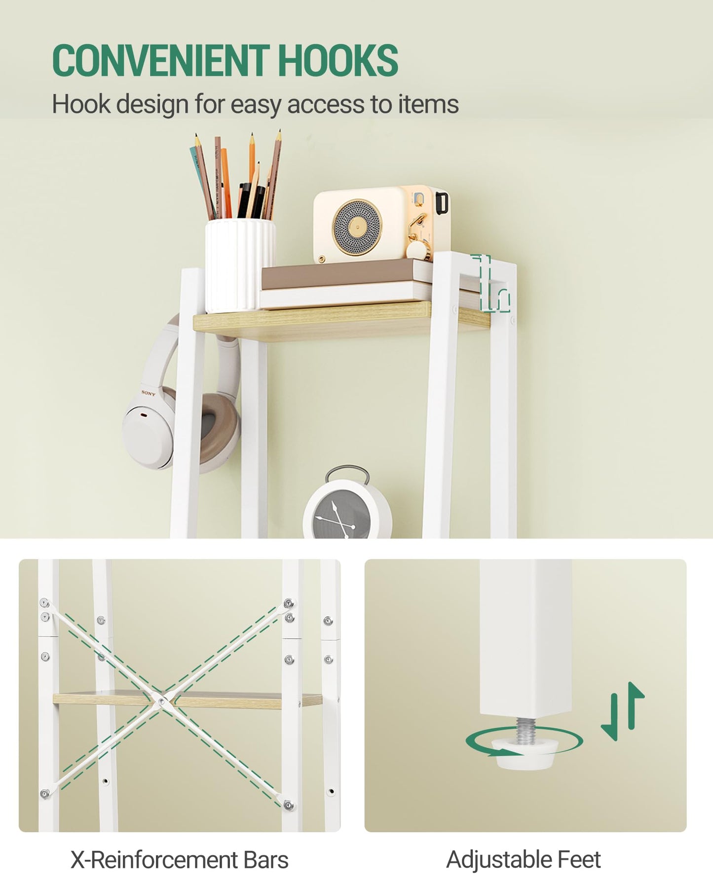 Hzuaneri Ladder Shelf, Bookshelf Bookcase, Freestanding Corner Storage Shelve with 2 Hooks for Home Office, Living Room, Kitchen, Bedroom, Industrial, 11.8" D x 13.4" W x 72.8" H, White Oak and White