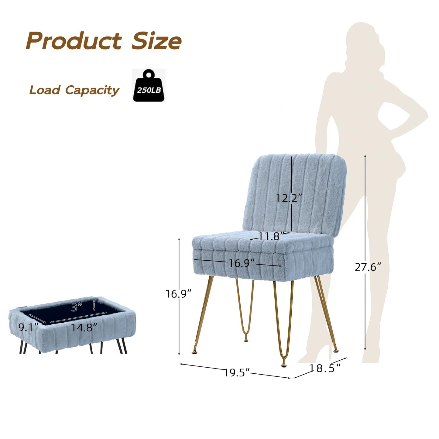 Manyday Vanity Chair with Storage, Comfy Ottoman with Folding Back, Faux Fur Vanity Stool with 4 Metal Legs for Make Up, Furry Padded Seat with Anti-Slip Feet for Bedroom Dressing Room, MistyBlue