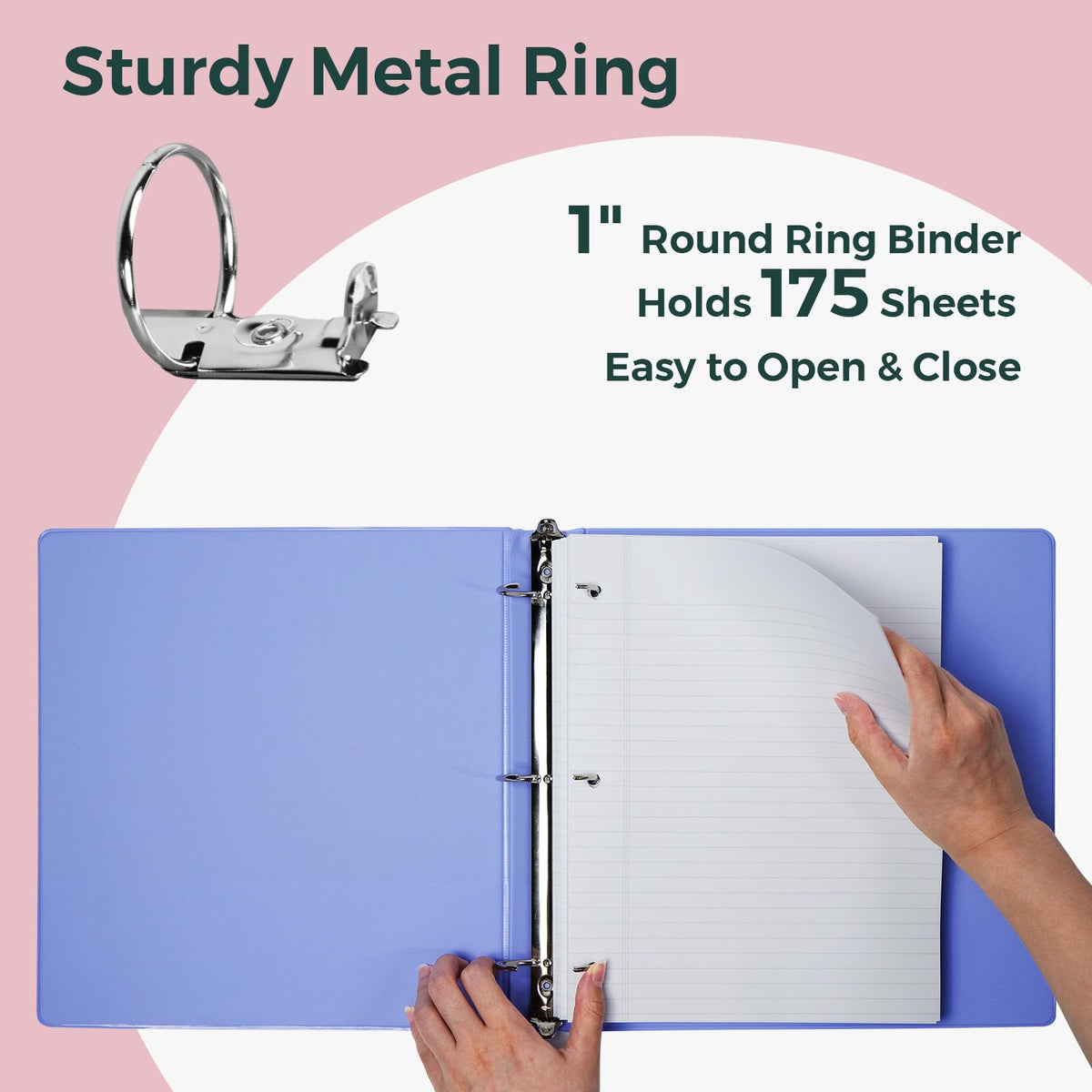 POPRUN 3 Ring Binder 1 Inch, PVC-Free, Holds 175 Sheets of 8.5 x 11 Paper, Extra Durable Organizer with 2 Pockets for School & Office, Heavy-Duty, 4 Pack, Pink