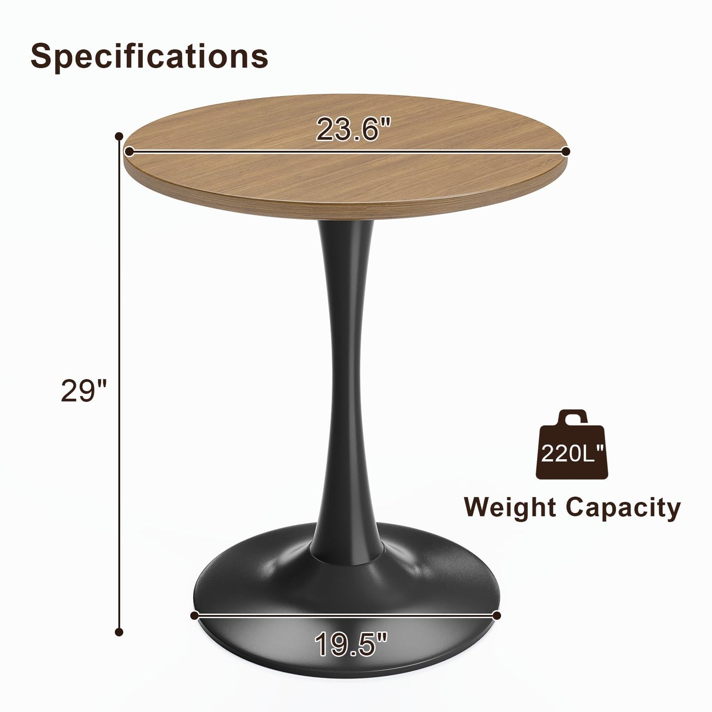 24 inch Small Tulip Table for 2 Person, Walnut Round Dining Table for Kitchen, Leisure Wood Mid Century Modern Table with Metal Pedestal Base for Cafe, Living Room, Bar, Circle Bistro Tables