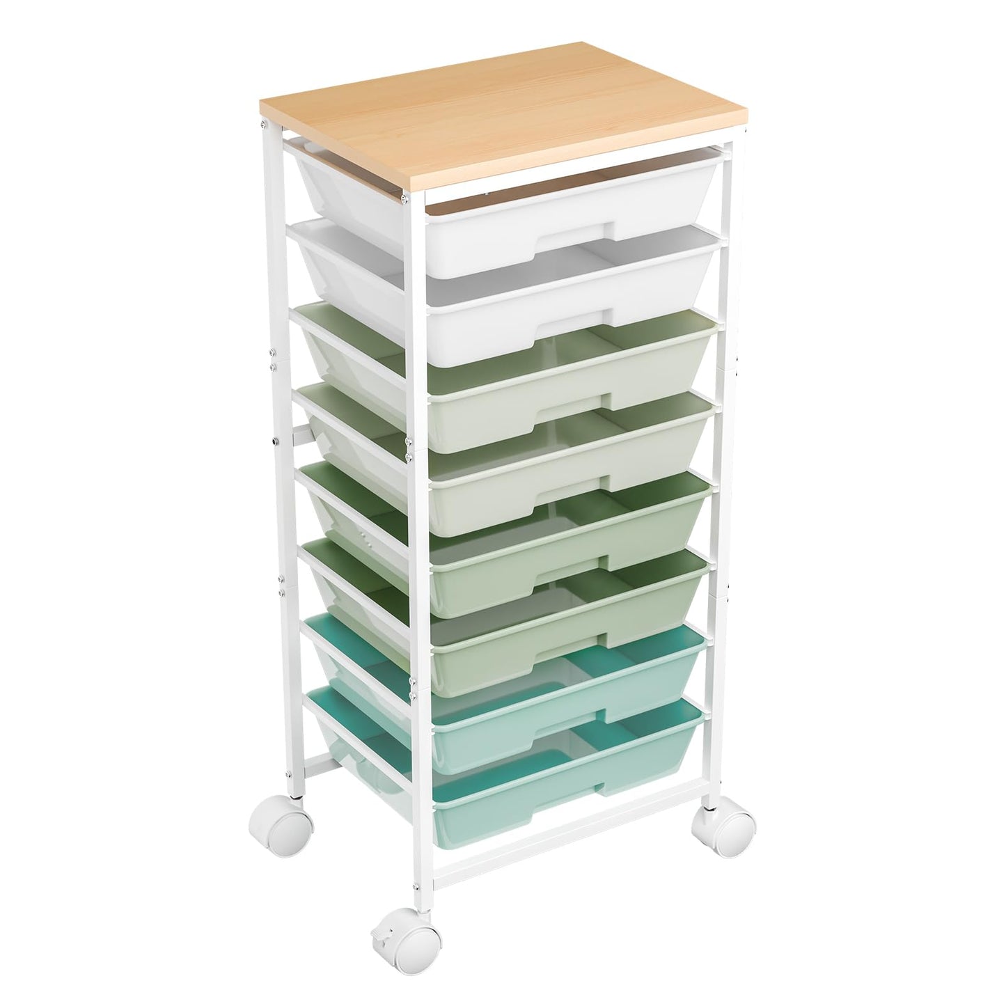 Ekisemio Rolling Cart with 8 Drawers, Storage Drawers Cart with Wooden Tabletop and Lockable Wheels, Utility Cart for Living Room, Office, Classroom, Craft Room, Green