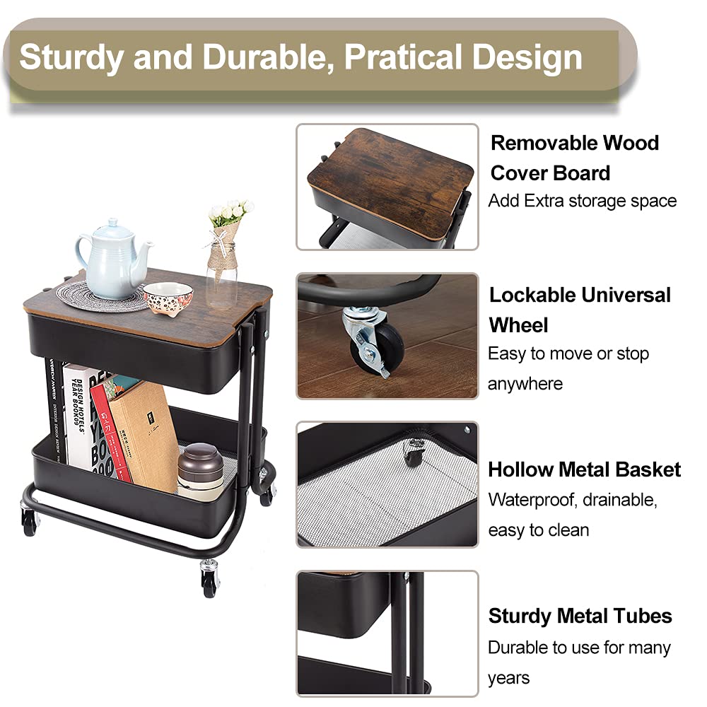 Melody House 2 Tier Metal Utility Rolling Cart Storage Organizer with Cover Board, Mobile Trolley Sofa Side Table with Wheels for Office Home Kitchen Organization, Black