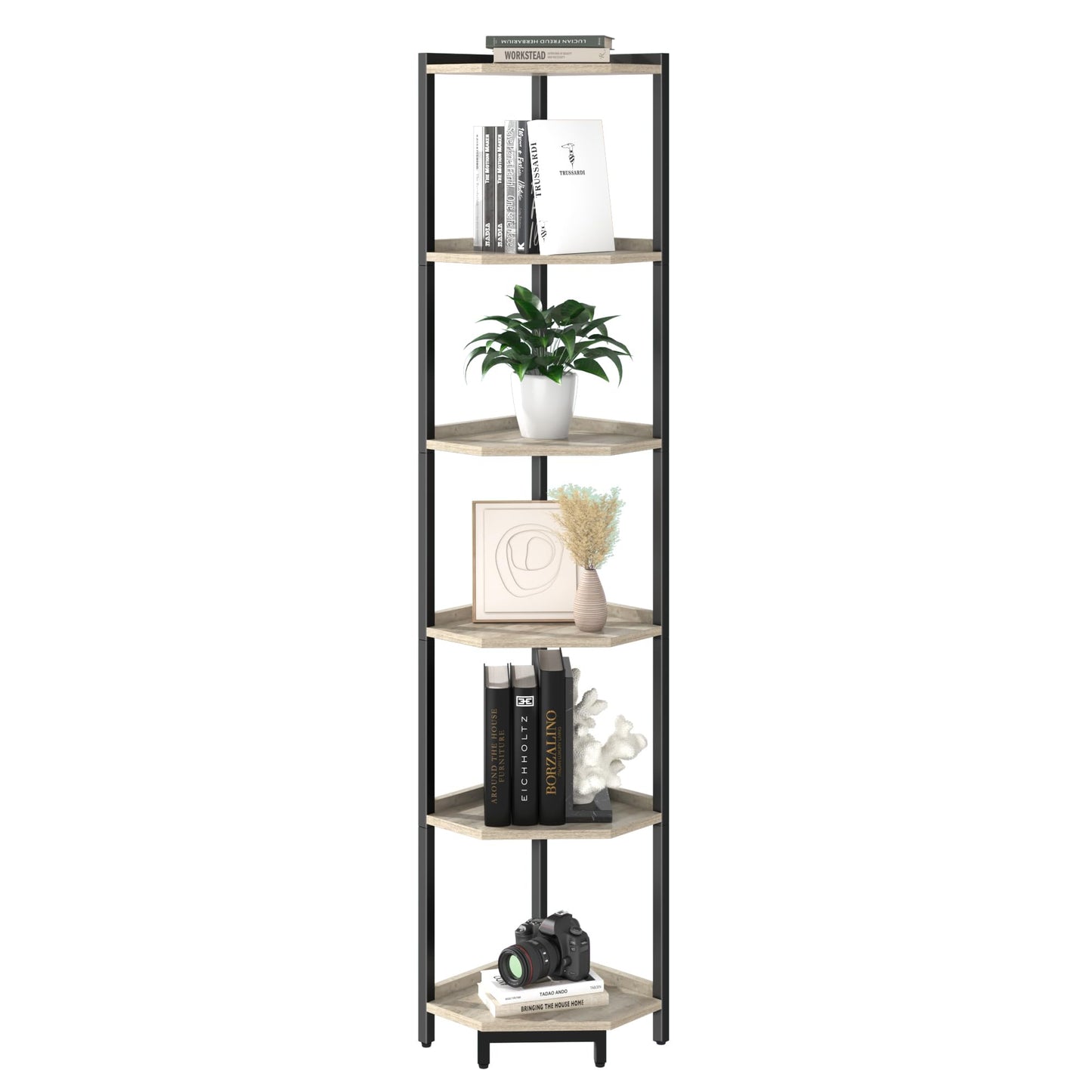 Hzuaneri Corner Shelf Stand, Corner Bookshelf, Storage Standing Shelf Unit with Metal Frame, Plant Stand, Bookcase for Living Room, Home Office, Bedroom, 6-Tier Greige CS06005B