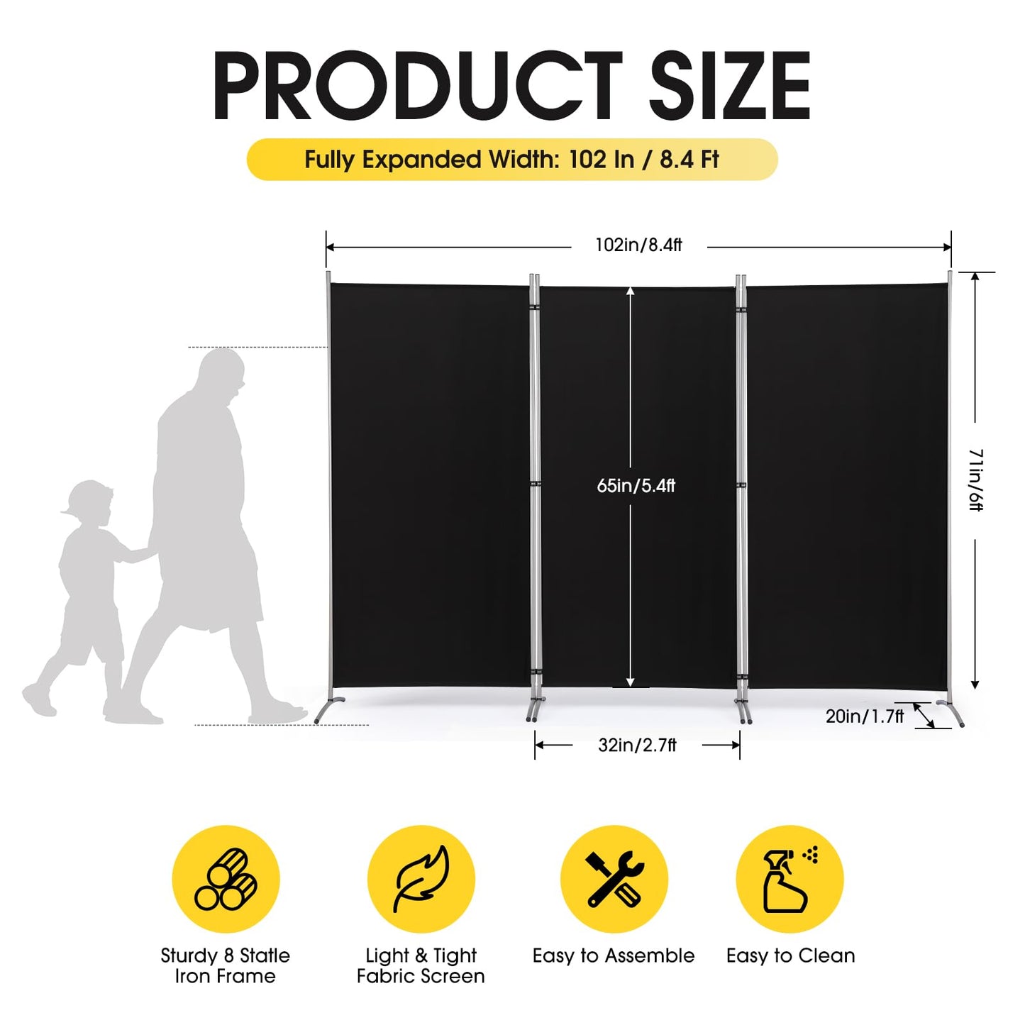 RANTILA 3 Panel Privacy Screen, 6 Ft Tall Folding Privacy Screen Room Dividers, Freestanding Room Partition Wall Dividers, 102''W x 20''D x 71''H, Black