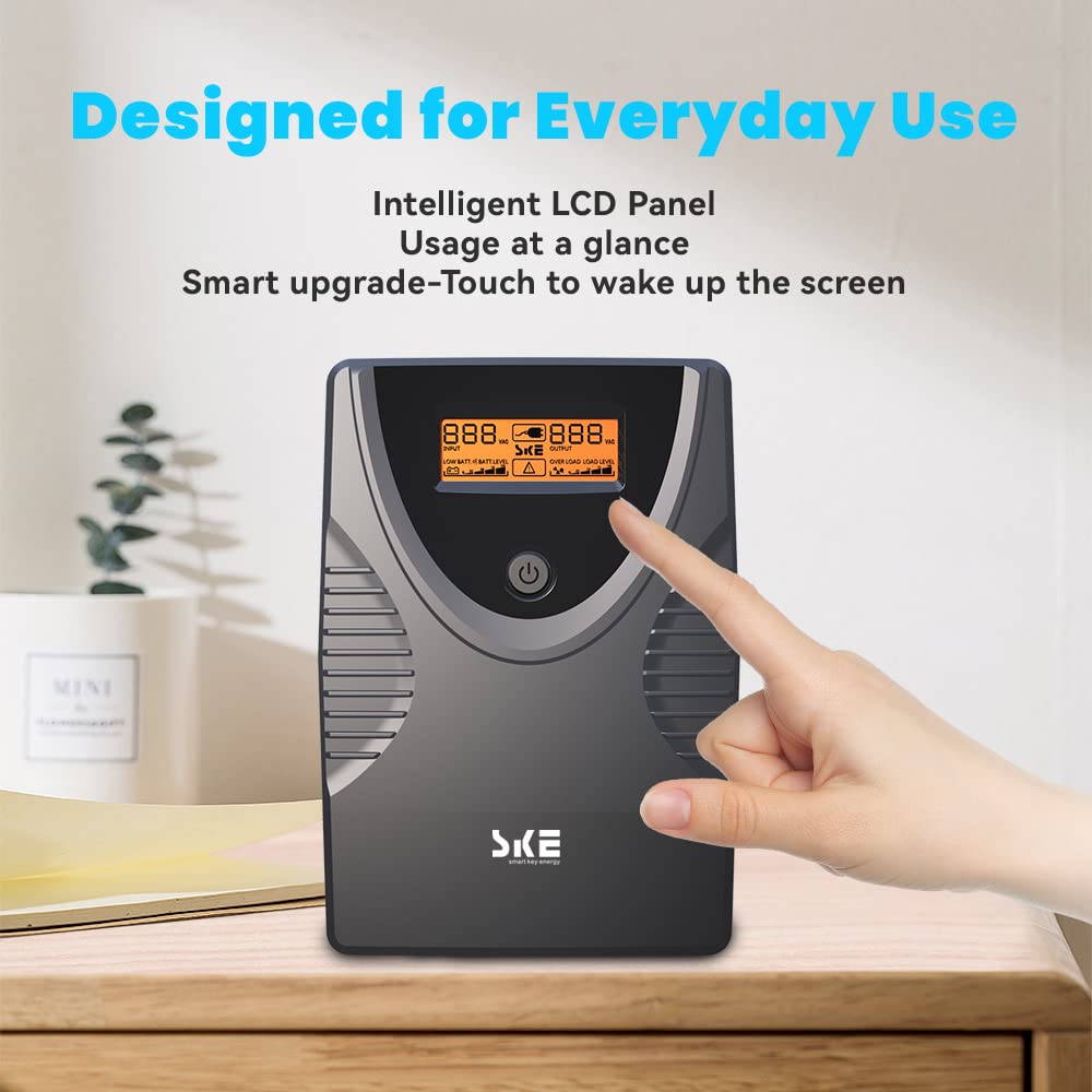 SKE SK425 850VA/480W UPS Battery Backup & Surge Protector - Uninterruptible Power Supply with LCD Display, AVR Voltage Regulation, 6 Outlets, Backup Power for PC, Router, NAS & Home Office