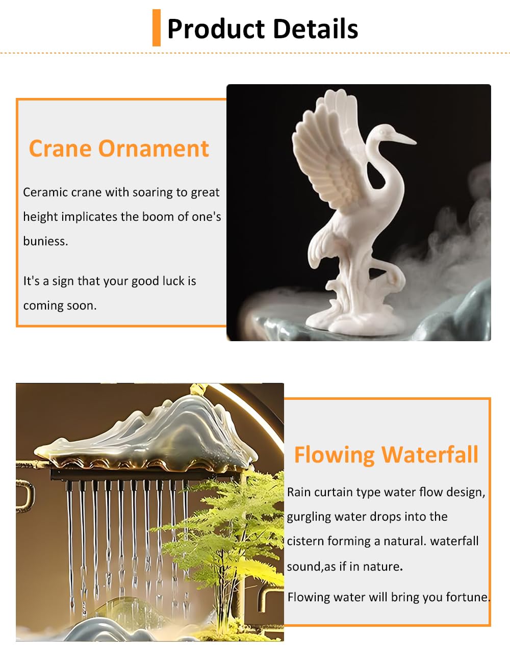 Tabletop Water Fountains Indoor Waterfall Fountain with Mist LED Light Feng Shui Wealth Desk Fountain with Backflow Incense Holder Zen Decor for Meditation (Crane)