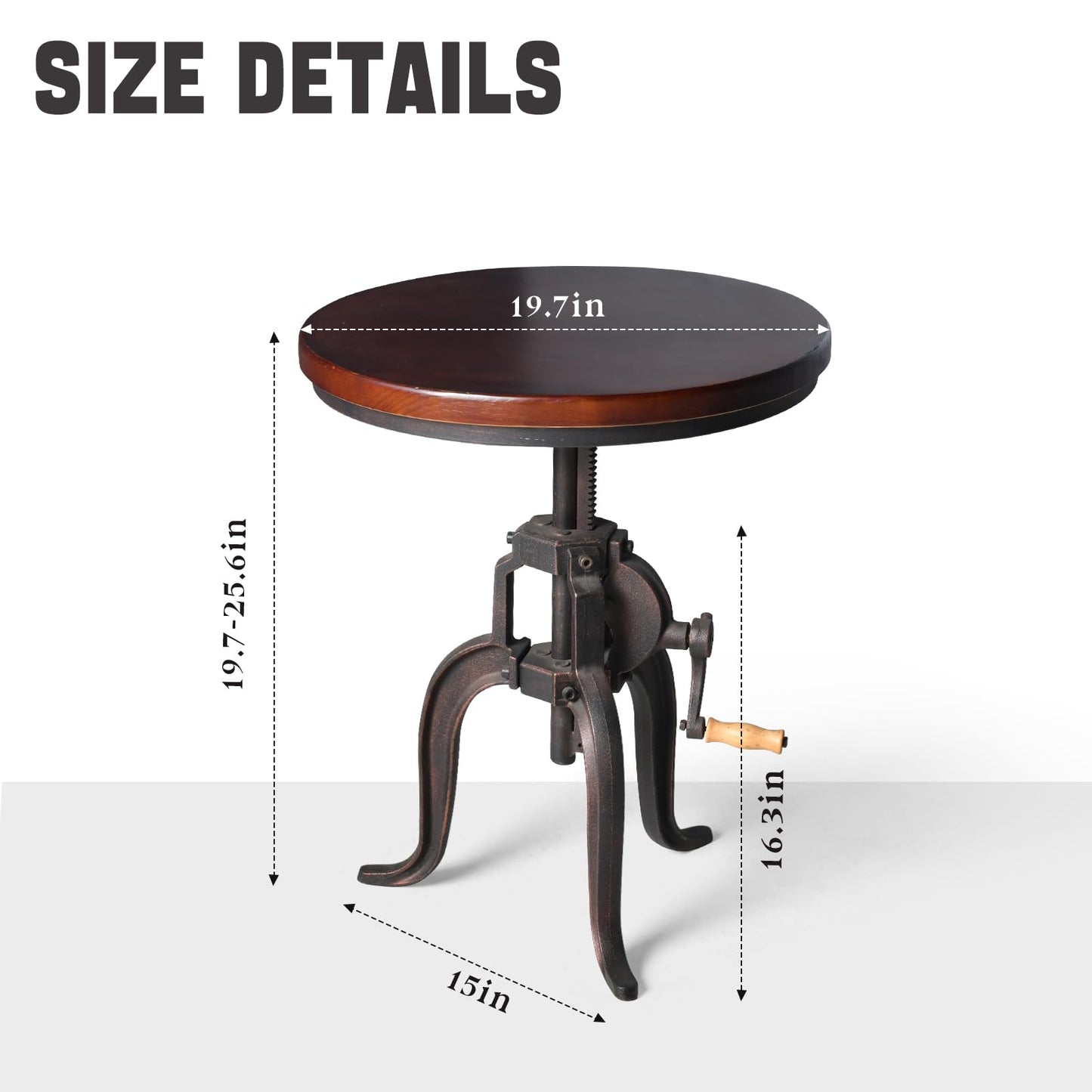 Topower Industrial Retro Side Table Antique Mechanic Crank Height Ajustable Black Walnut Wood Top Three-Legged Farmhouse Accent End Table Copper