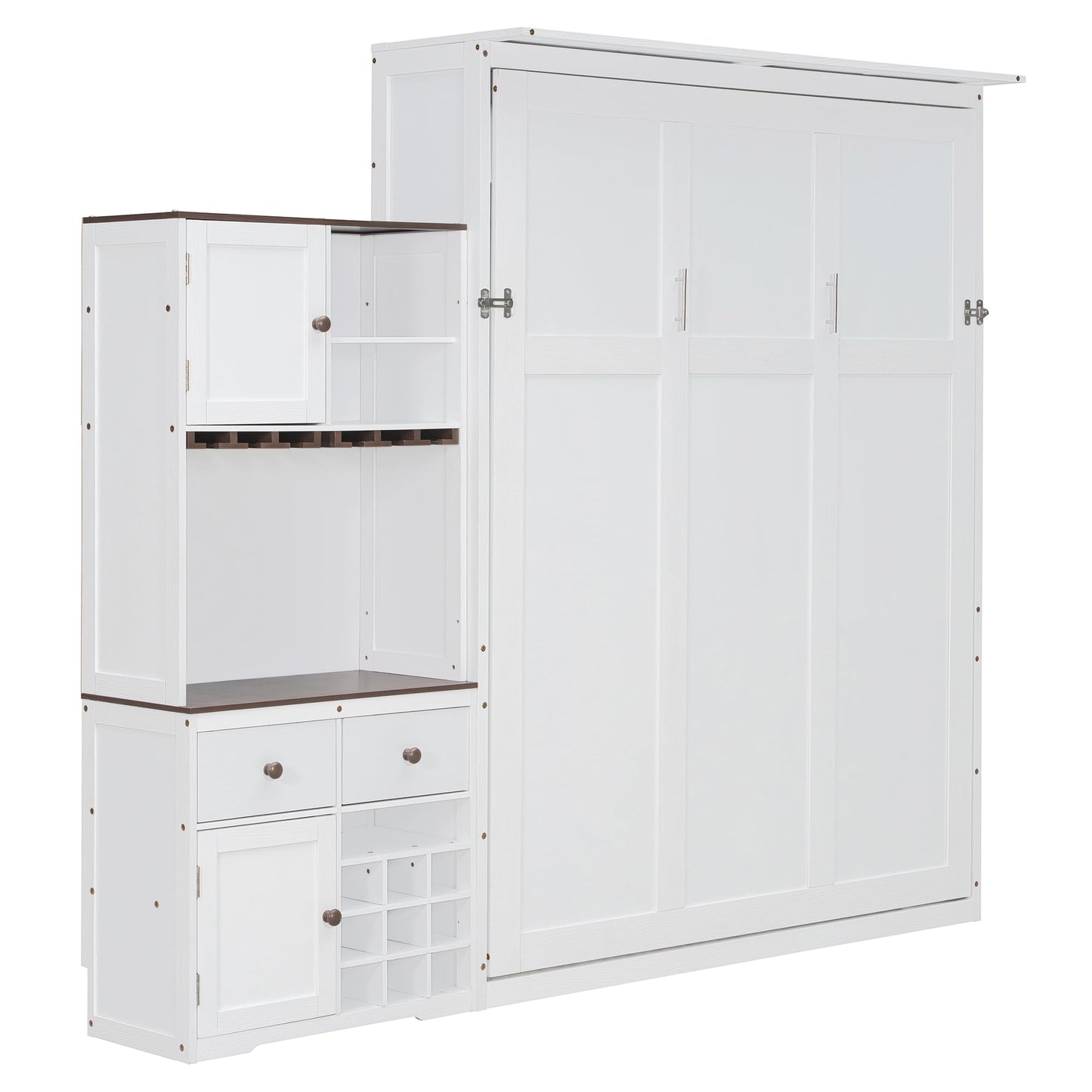 Filtome Queen Size Murphy Bed with Storage Cabinet, Wine Rack, Glass Holder, Drawers and Multi-Color Led Strip, White