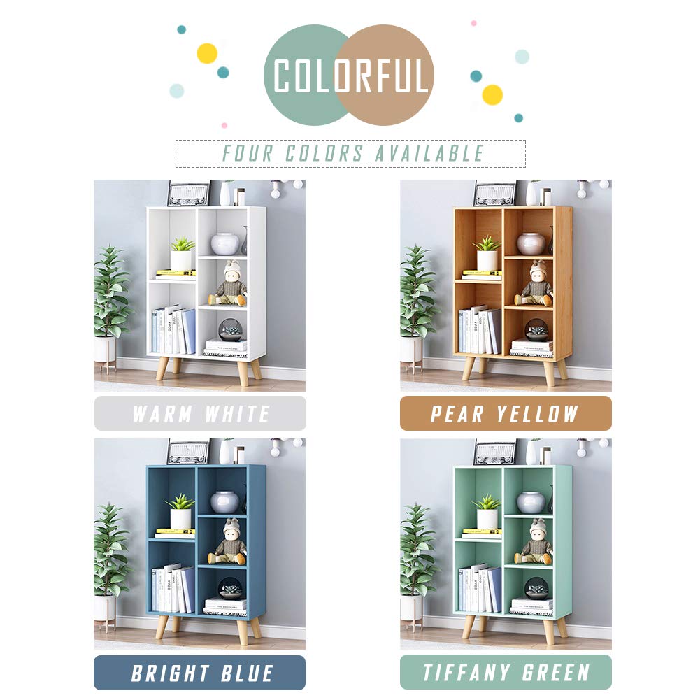 IOTXY Wooden Open Shelf Bookcase - 3-Tier Floor Standing Display Cabinet Rack with Legs, 5 Cubes Bookshelf, Bright Blue