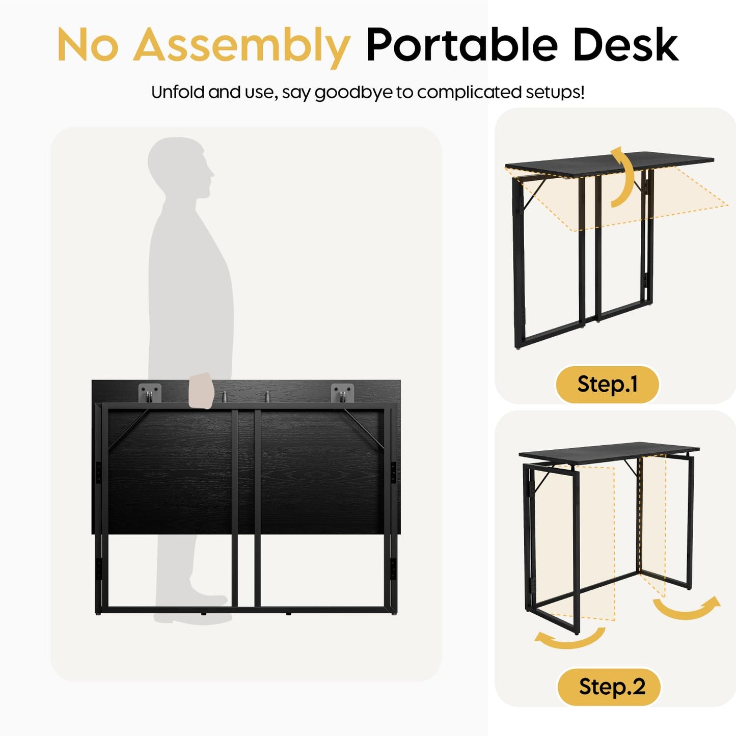 alawooder Folding Desk - 39.4” Wood Top Foldable Desk for Small Spaces | No Assembly Required Compact Desk for Home Office, Writing, and Study
