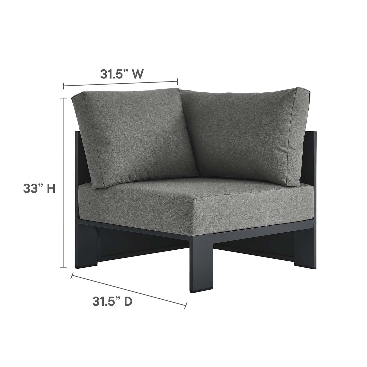 Modway Tahoe Aluminum 3-Piece Outdoor Patio Furniture Gray Charcoal, Modular Sectional Sofa Set with Weather-Resistant Cushions, Ideal for Deck, Backyard Poolside