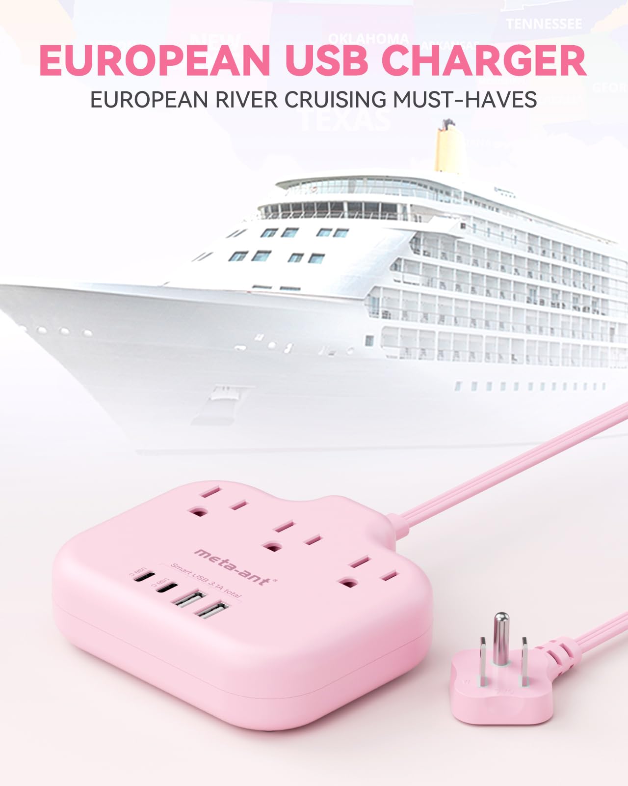 Pink Extension Cord with 3 AC Outlets & 4 USB Ports (2 USB-C), Pink Desk Accessories, 1625W Cute Extension Cord for Travel Curise Kawaii Desk Office Bedroom Accessories