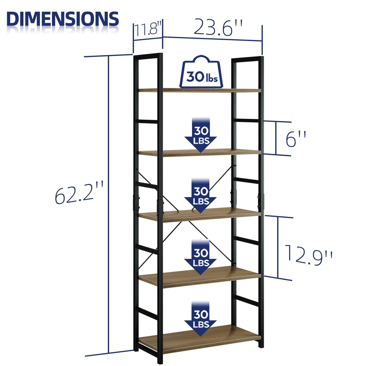 NUMENN 5 Tier Bookshelf, Tall Bookcase Shelf Storage Organizer, Modern Book Shelf for Bedroom, Living Room and Home Office, Dark Walnut