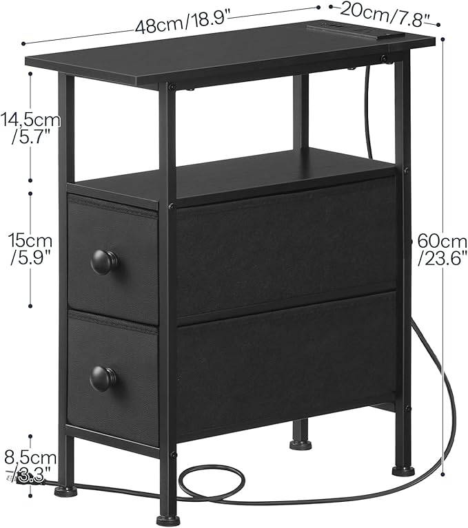 HOOBRO End Table with Charging Station, Narrow Side Table with 2 Fabric Drawers