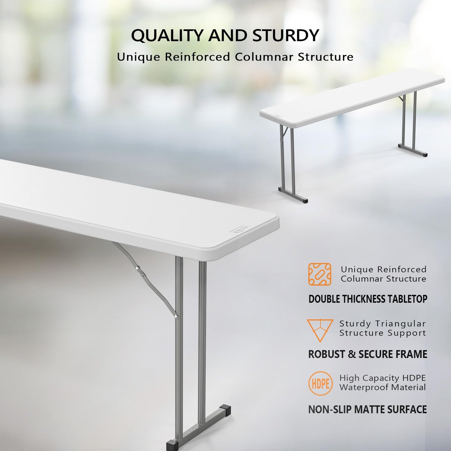 VINGLI 6 FT Narrow Folding Table,Premium Quality HDPE Material and Sturdy Metal Frame, Perfect for Buffet, Seminar, Party, Training, Home Work, White