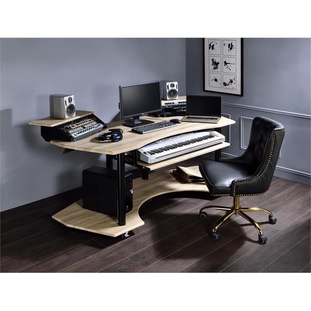 Acme Eleazar Wooden 3-Shelf Music Recording Studio Desk in Natural Oak