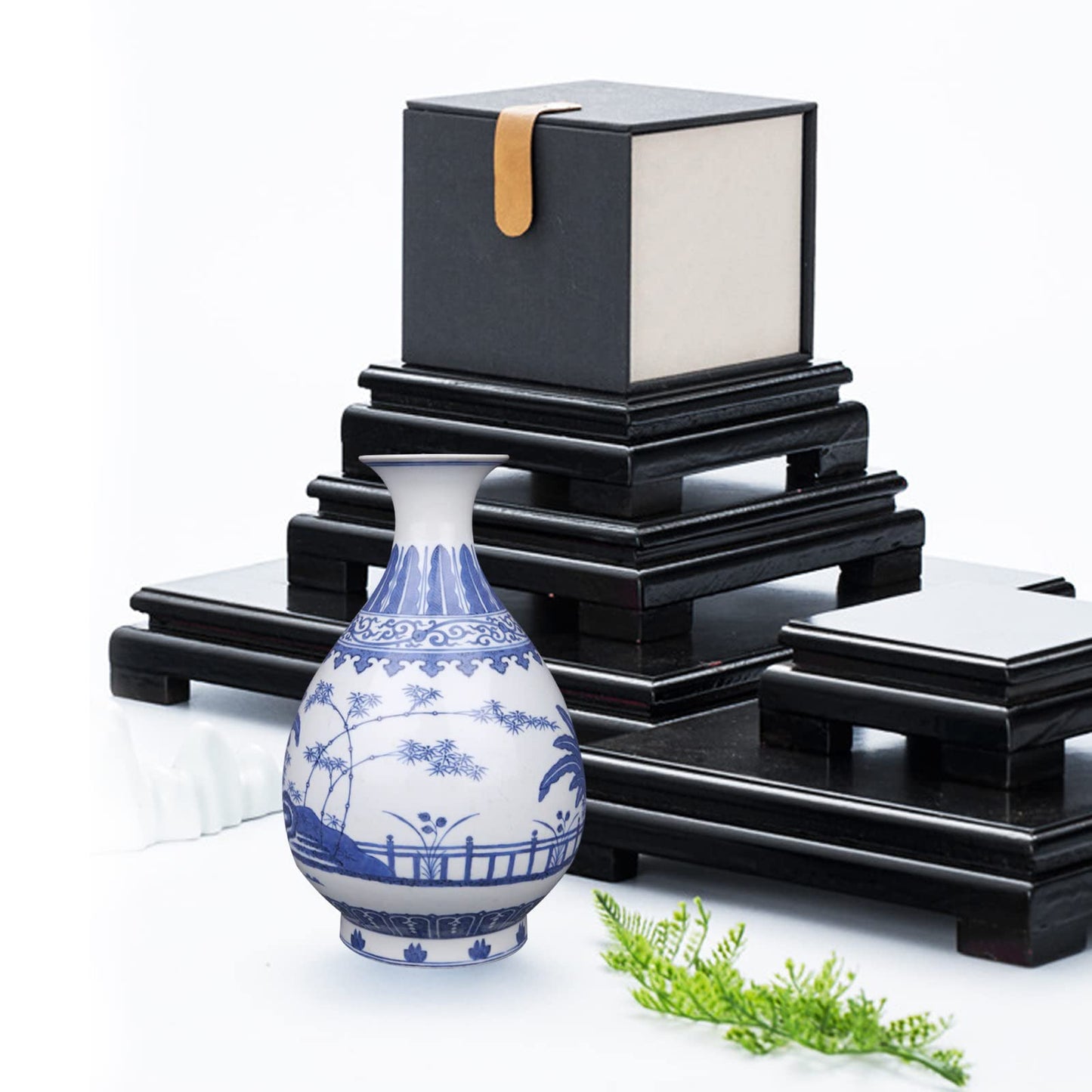 MDEOOSKY Wooden Display Stand Square Wood Display Base Display Risers Square Vase Riser Teapot Aquarium Lamp Base Home Decoration 6.7" W x 6.7" D x 1.7" H (Black)