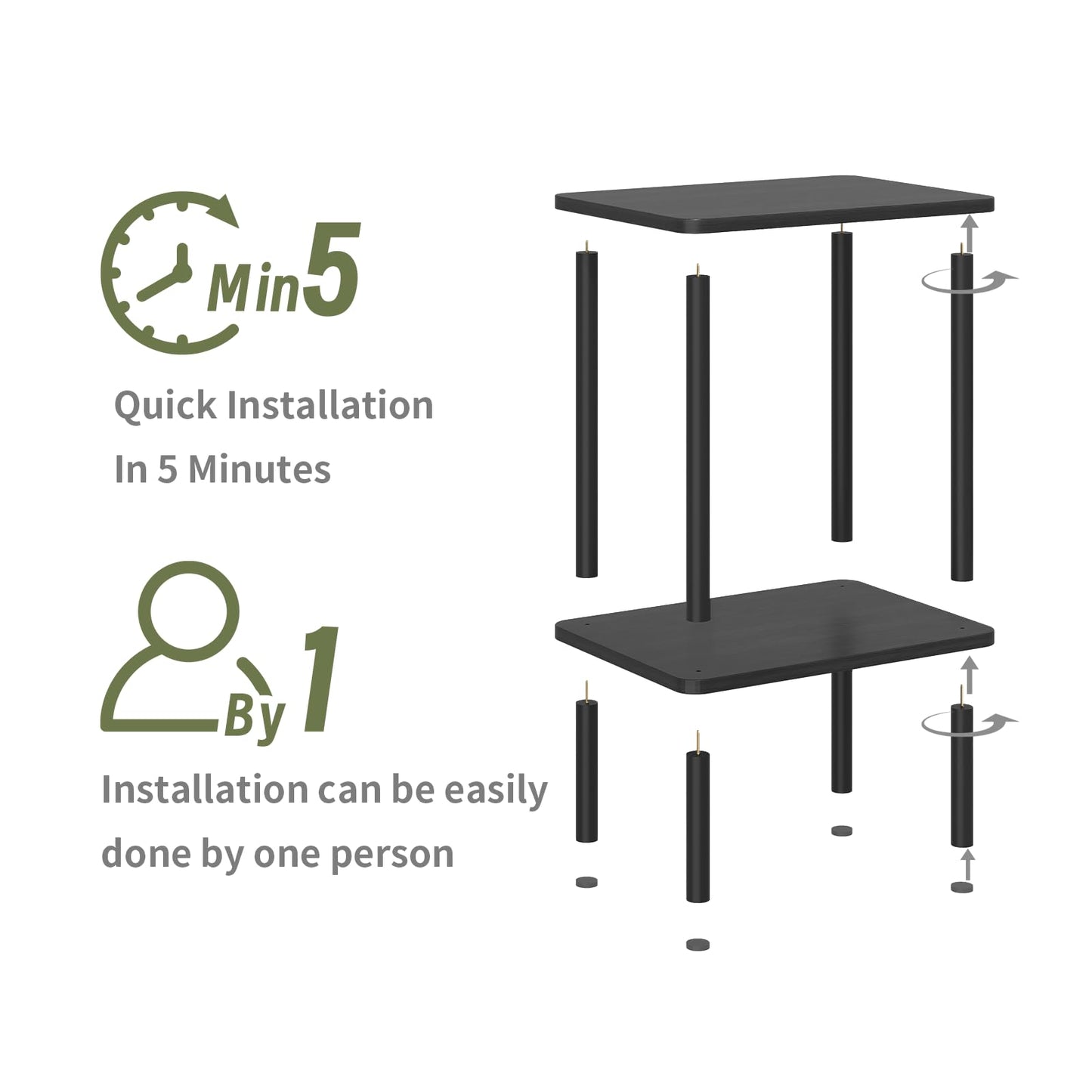 Apicizon 2 Tier End Table, Small Side Table with Solid Wood Legs, Boho Bedside Table with Storage Shelf, Nightstand for Small Spaces, Bedroom, Living Room, Entryway, Farmhouse, Easy Assembly, Black