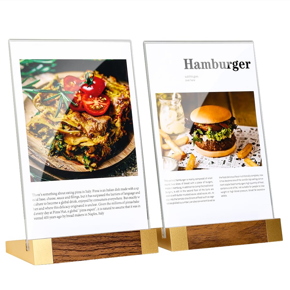 LIANHELILAI Acrylic Sign Holder 8.5 x 11 Inch with Wood-Color Base, Stable Tabletop Display Frame for Menu Flyer Photo, Clear Vertical Stand for Restaurant/Hotel/Office/ Exhibition – Easy Use, 2 Pack
