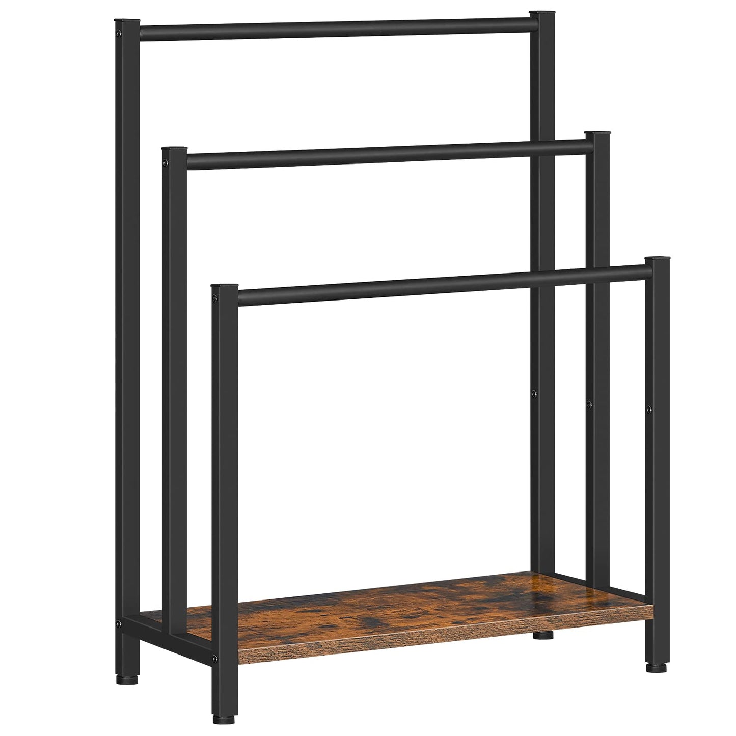 HOOBRO Free Standing Towel Rack, 3 Tier Blanket Rack, Blanket Holder for Bathroom, 23.6" L x 11" W x 31.9" H, Industrial Metal Drying and Display Rack with Shelf, Rustic Brown and Black BF06LB01