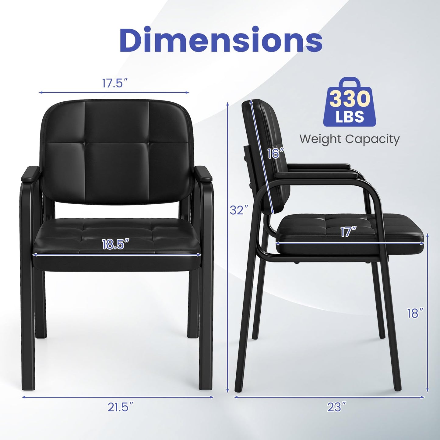 Giantex Waiting Room Guest Chairs Set of 2, Leather Office Reception Chairs with Padded Armrests, Metal Frame, Stationary Side Chairs No Wheels for Conference Meeting Lobby Home, Black