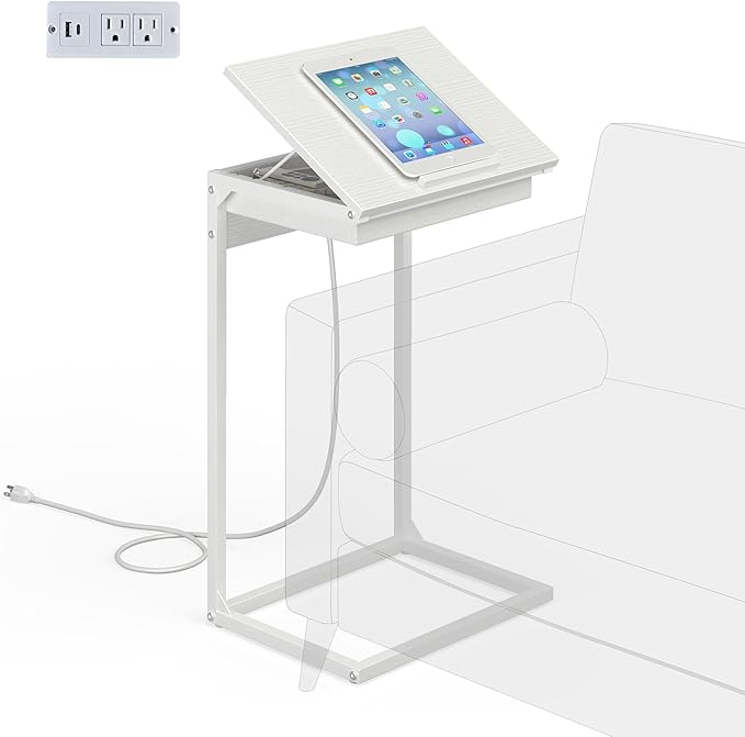 sthmec C Shaped End Table with Charging Station, 45° Tiltable Adjustable Flip