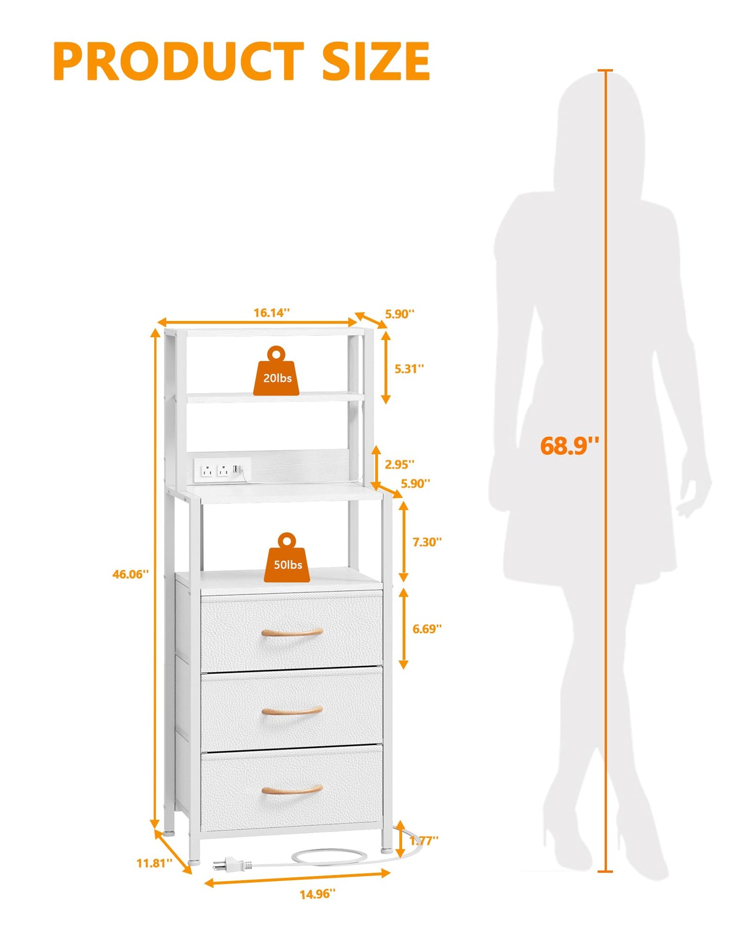 Furnulem Night Stand, White Bedside Nightstand with 4-Tier Shelves and 3 Fabric Drawers, LED Bed Side Tables with Charging Station, Tall Dresser for Bedroom, Hallway, Office