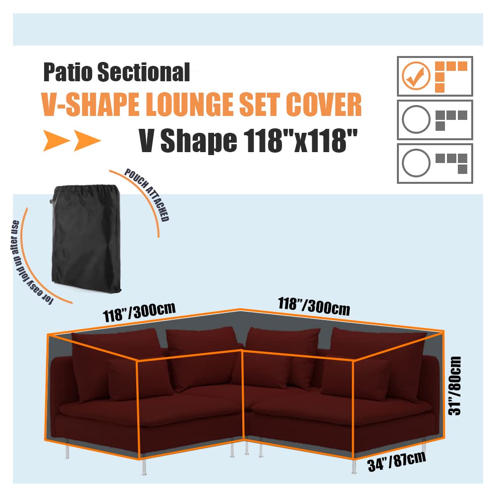 Gicov Patio Sectional Sofa Cover Waterproof V Shape Furniture Cover Outdoor Couch Cover Heavy Duty Garden Furniture Protector with Windproof Strap