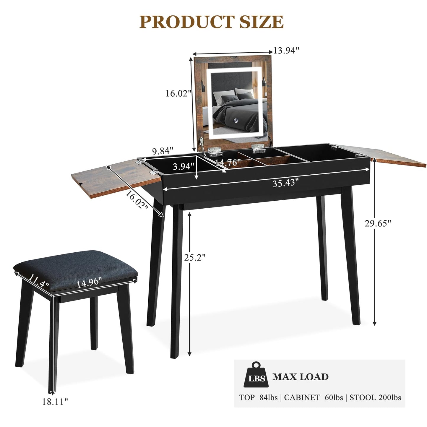 JanflyHome Vanity Desk, Flip Top Makeup Vanity Table with Power Outlet, Makeup Vanity Desk with Mirror & LED Light, Rustic Vanity Set with Cushioning Stool, Vintage Vanity for Bedroom, Black Brown