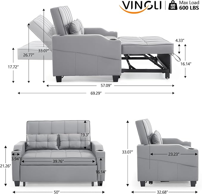VINGLI Convertible Loveseat Sleeper Sofa, Light Grey Faux Leather Futon Sofa