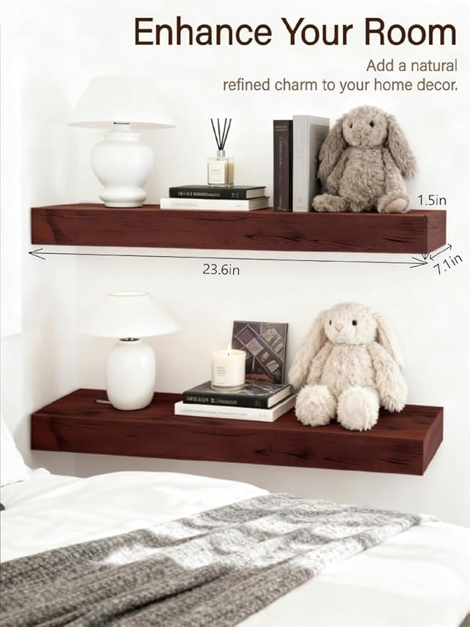 Solid Wood Floating Shelves, 23.6in Finished Real Wood Wall Shelves