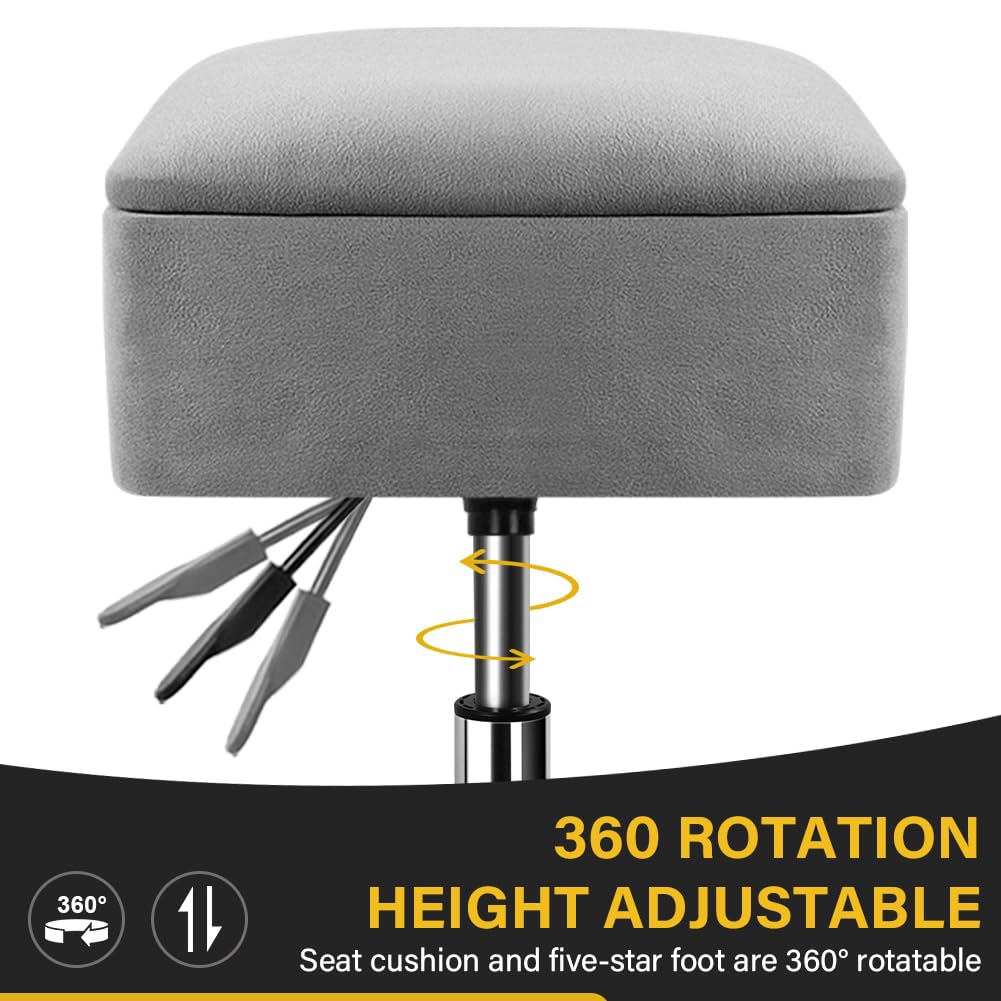 WKWKER Adjustable Vanity Stool with Storage Velvet 360° Swivel Makeup Stool Small Ottoman Chair Metal Base for Vanity Bedroom Living Room Lab Salon Studio Counter Desk (Gray)