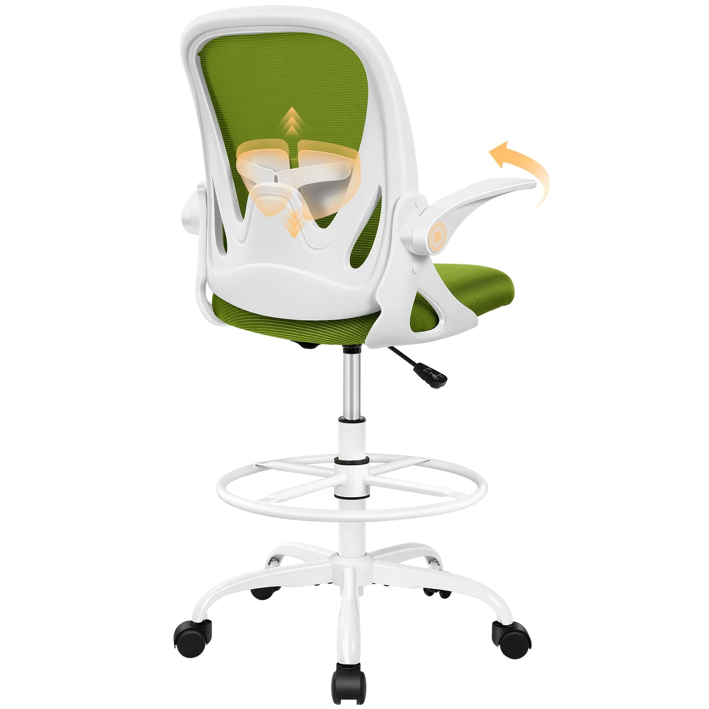 Primy Drafting Chair Tall Office Chair with Flip-up Armrests Executive Ergonomic Computer Standing Desk Chair with Lumbar Support and Adjustable Footrest Ring (AvocadoGreen)