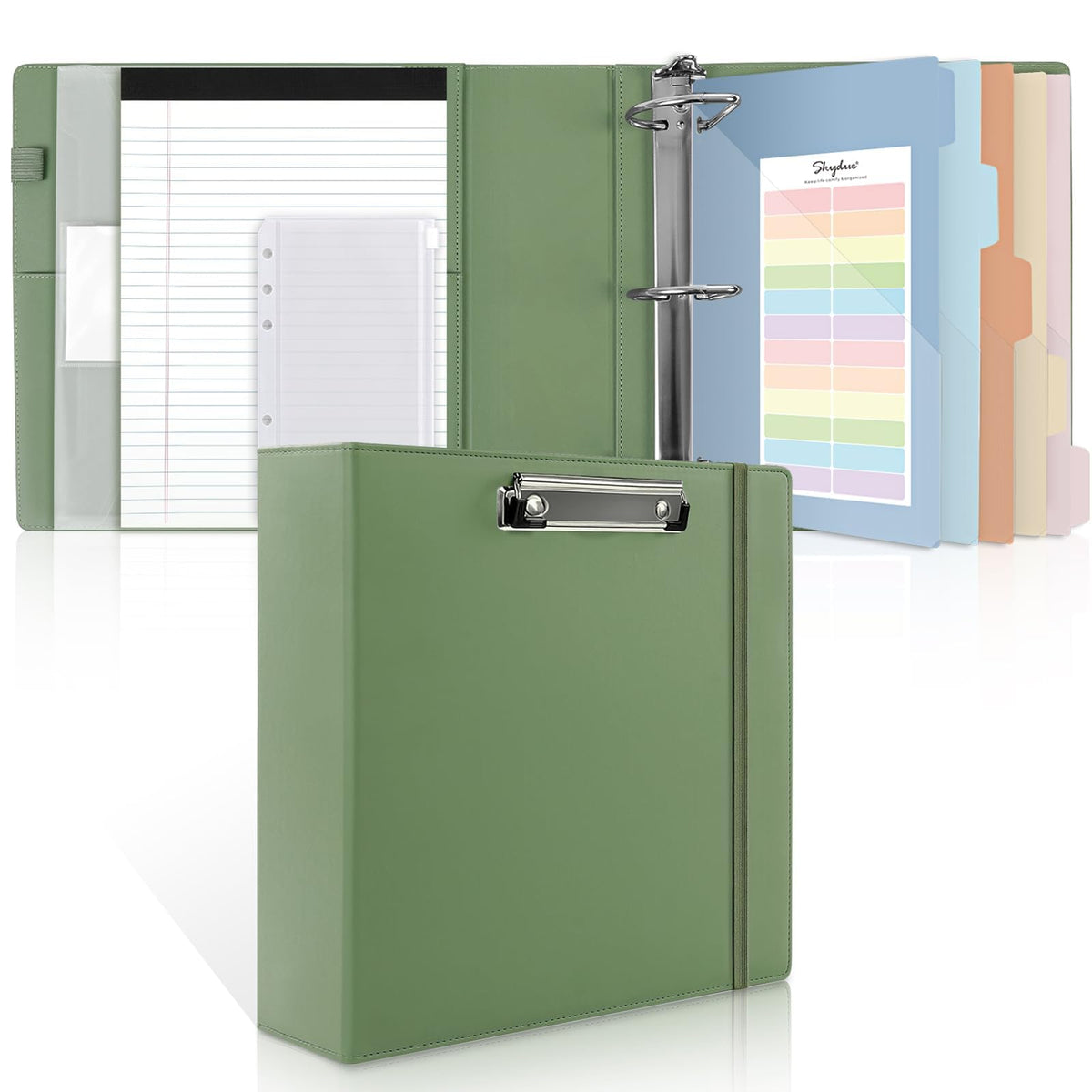 SKYDUE 3 Ring Binder 3 Inch D Ringr with Clipboard, PU Heavy Duty Clipboard Binder with Notepad & 5 Dividers with 5 Pockets, Labels, Clipboard Folder Great for School Office